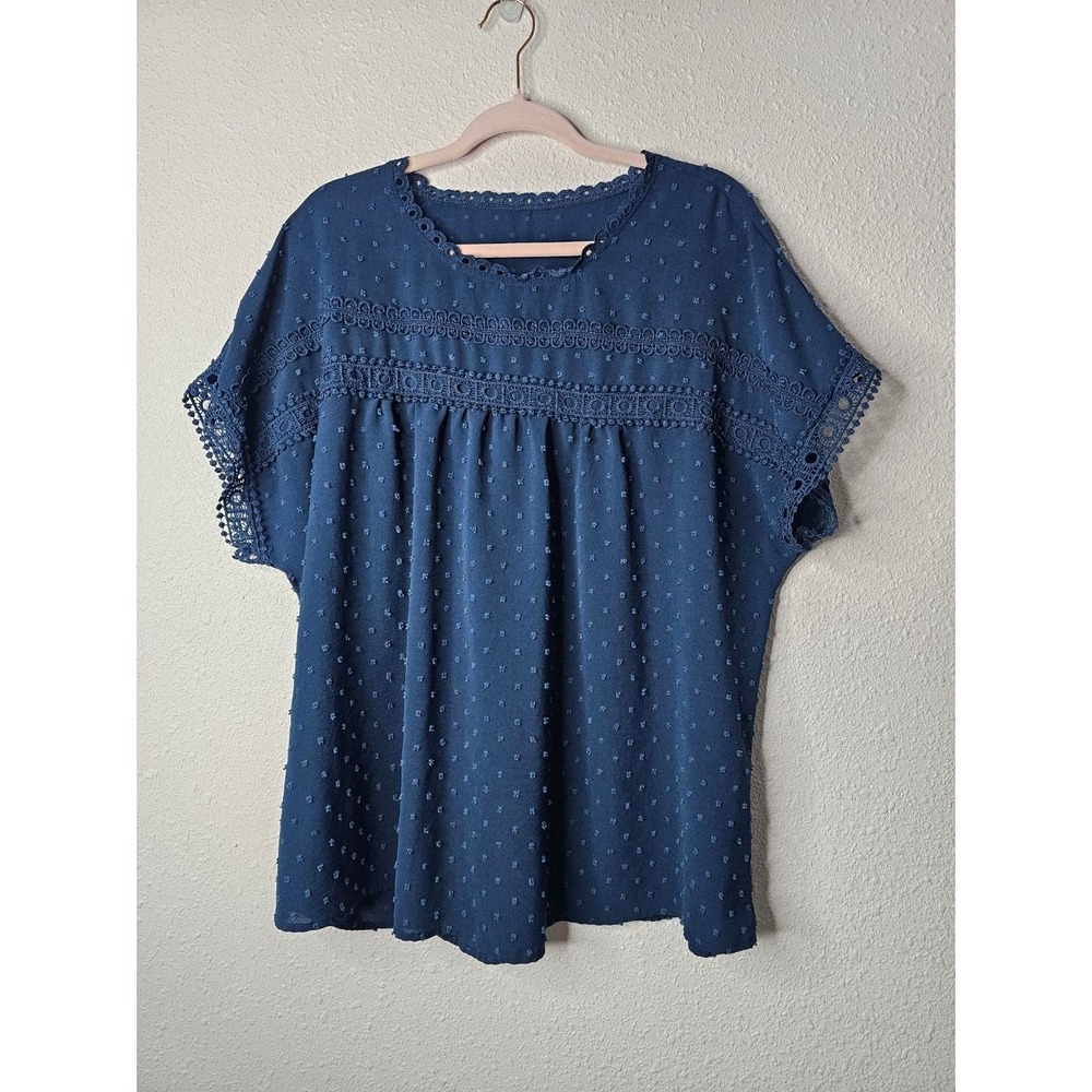 Navy Blue Swiss Dot Crochet Lace Trim Blouse Plus Size 2X Boho Top Flowy Fall